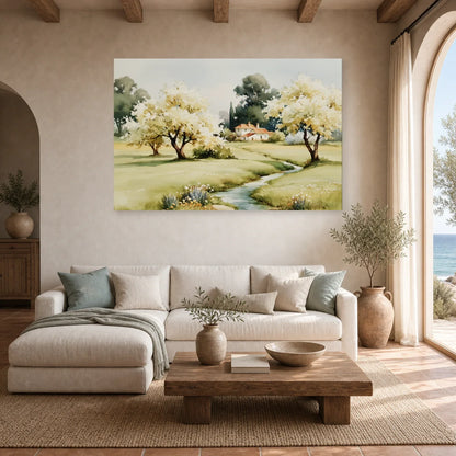 Tableau Paysage Rural Printemps - Verger Clair dans un salon - Art Virtuoso