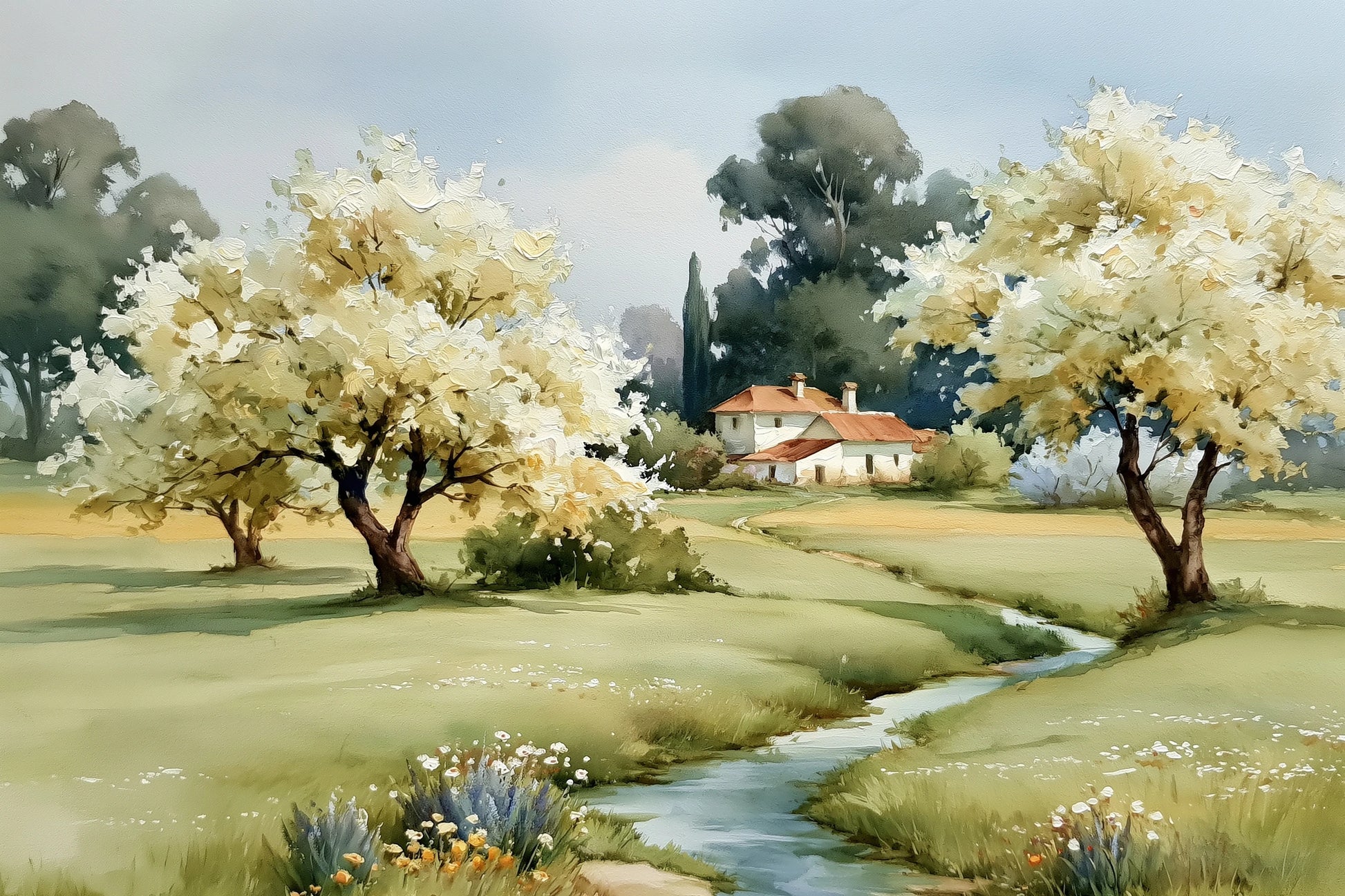 Tableau paysage rural printemps avec arbres en fleurs - format S