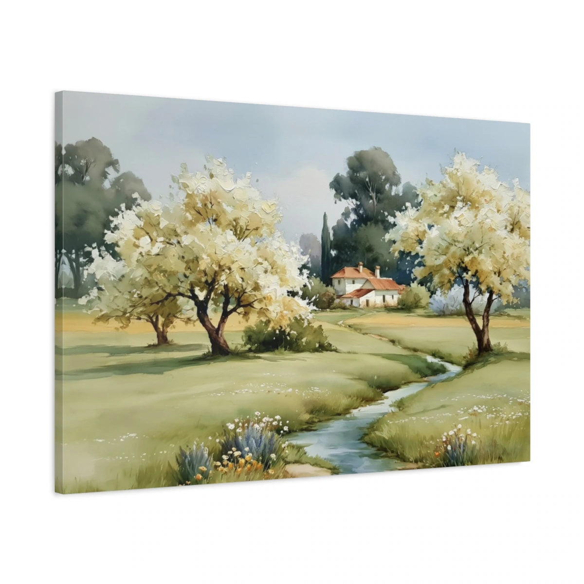 Tableau paysage rural printemps avec arbres en fleurs - toile 3D avec bords imprimés visibles