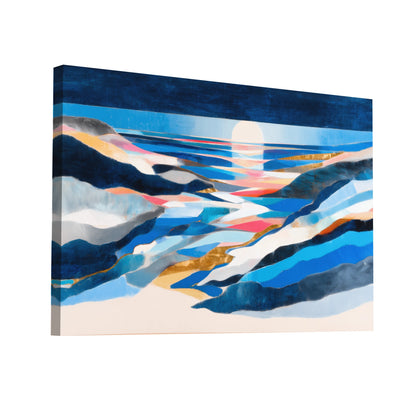 Product Hero 3D WebP Tableau paysage scandinave – fjord lunaire, strates cobalt et lueurs dorées - Art Virtuoso