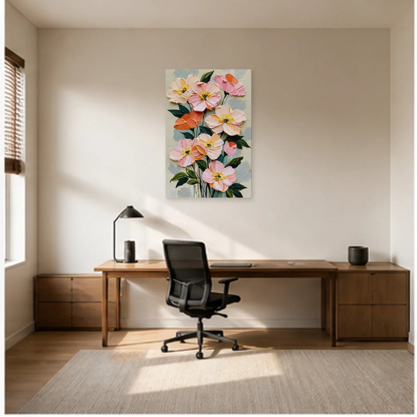 Tableau Peinture à l'Huile Fleurs Moderne - Bouquet en Relief dans un bureau - Art Virtuoso