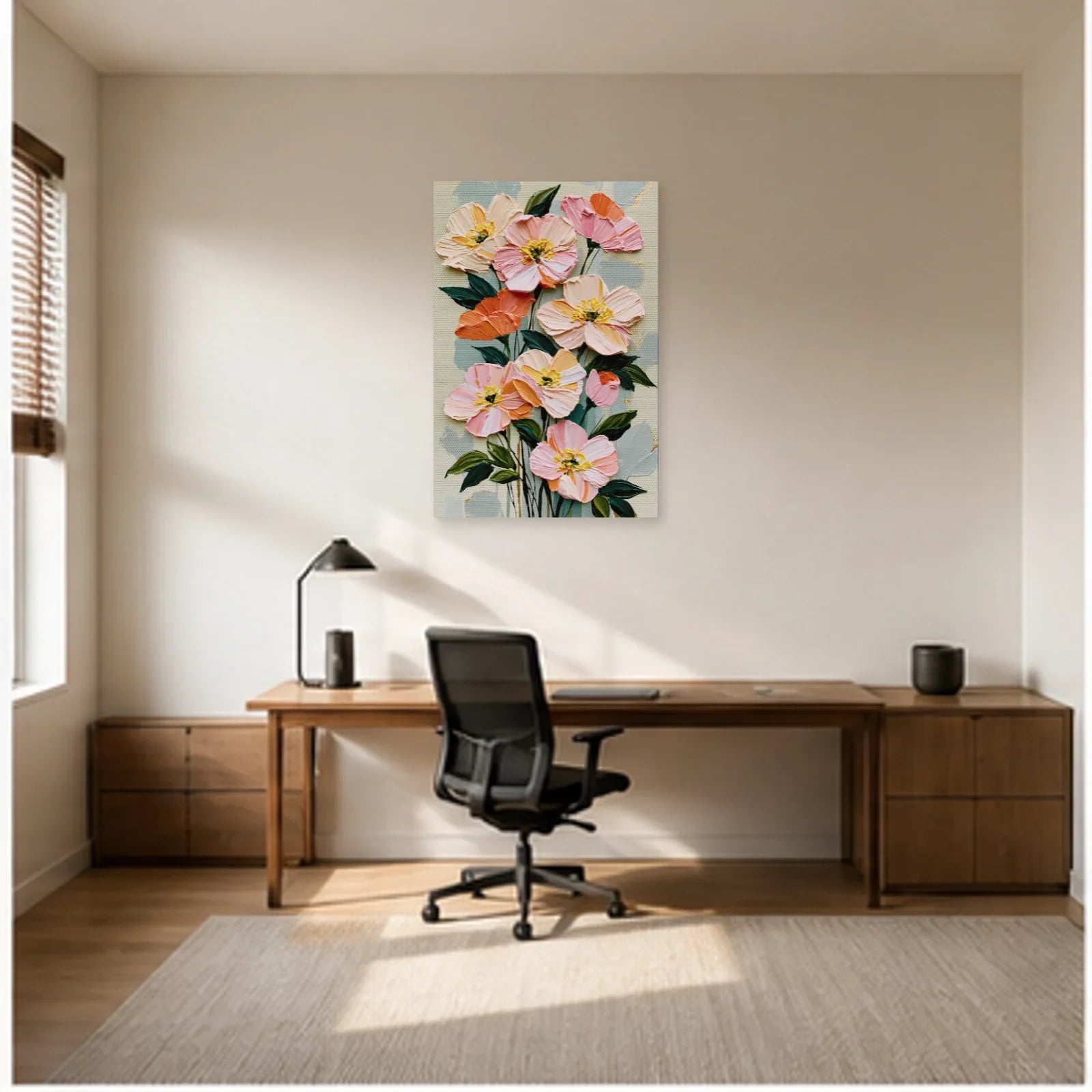 Tableau Peinture à l'Huile Fleurs Moderne - Bouquet en Relief dans un bureau - Art Virtuoso