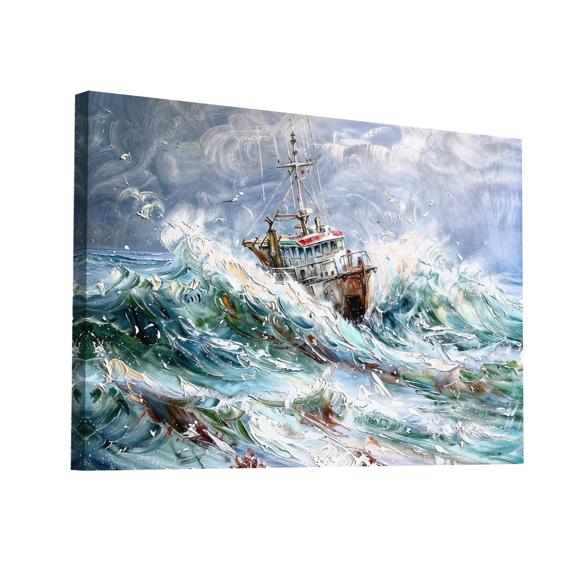 Product Hero 3D WebP Tableau Peinture Bateau de Pêche - Mer Turbulente - Art Virtuoso