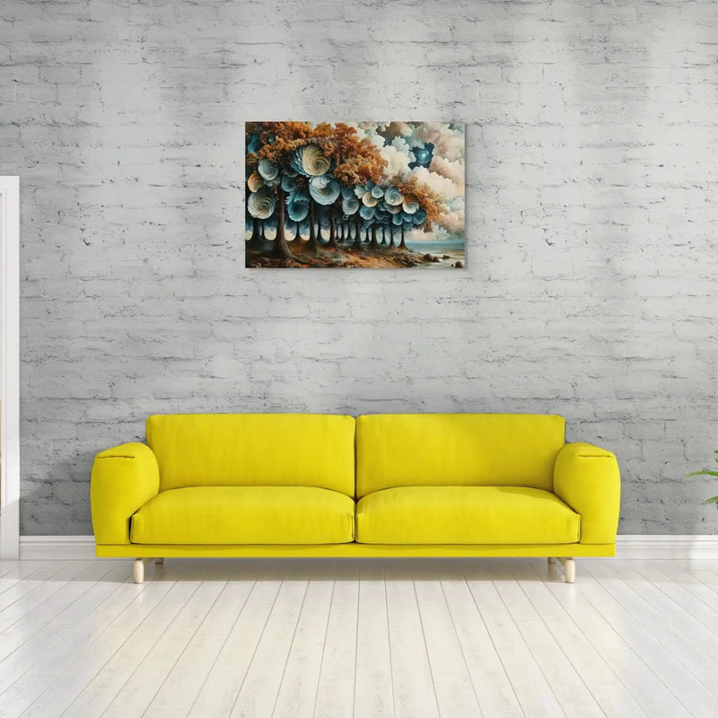 Blaugrauer Spiralwald am Wasser über einem Sofa