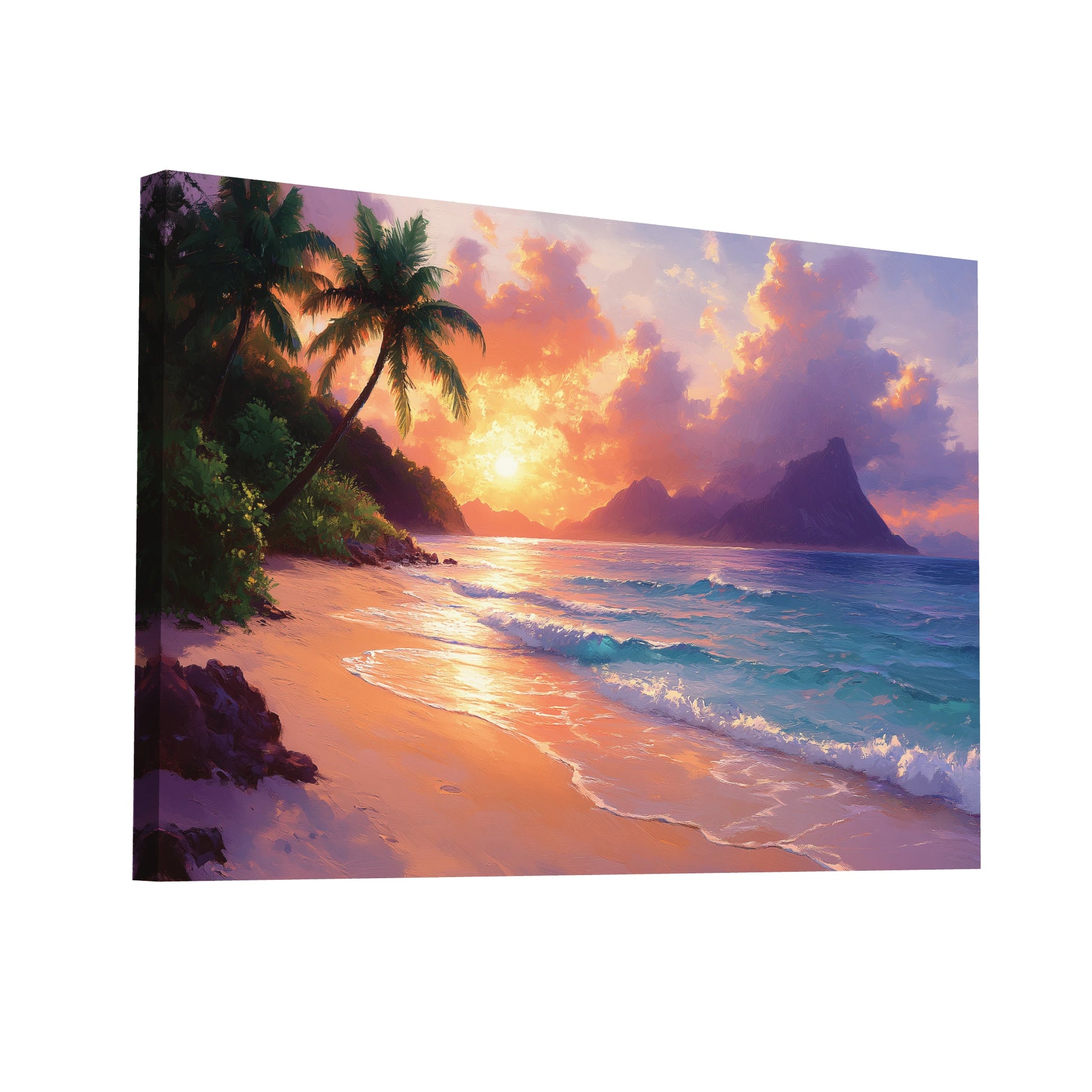Product Hero 3D WebP Tableau Peinture Huile - Paysage Tropical Couchant - Art Virtuoso