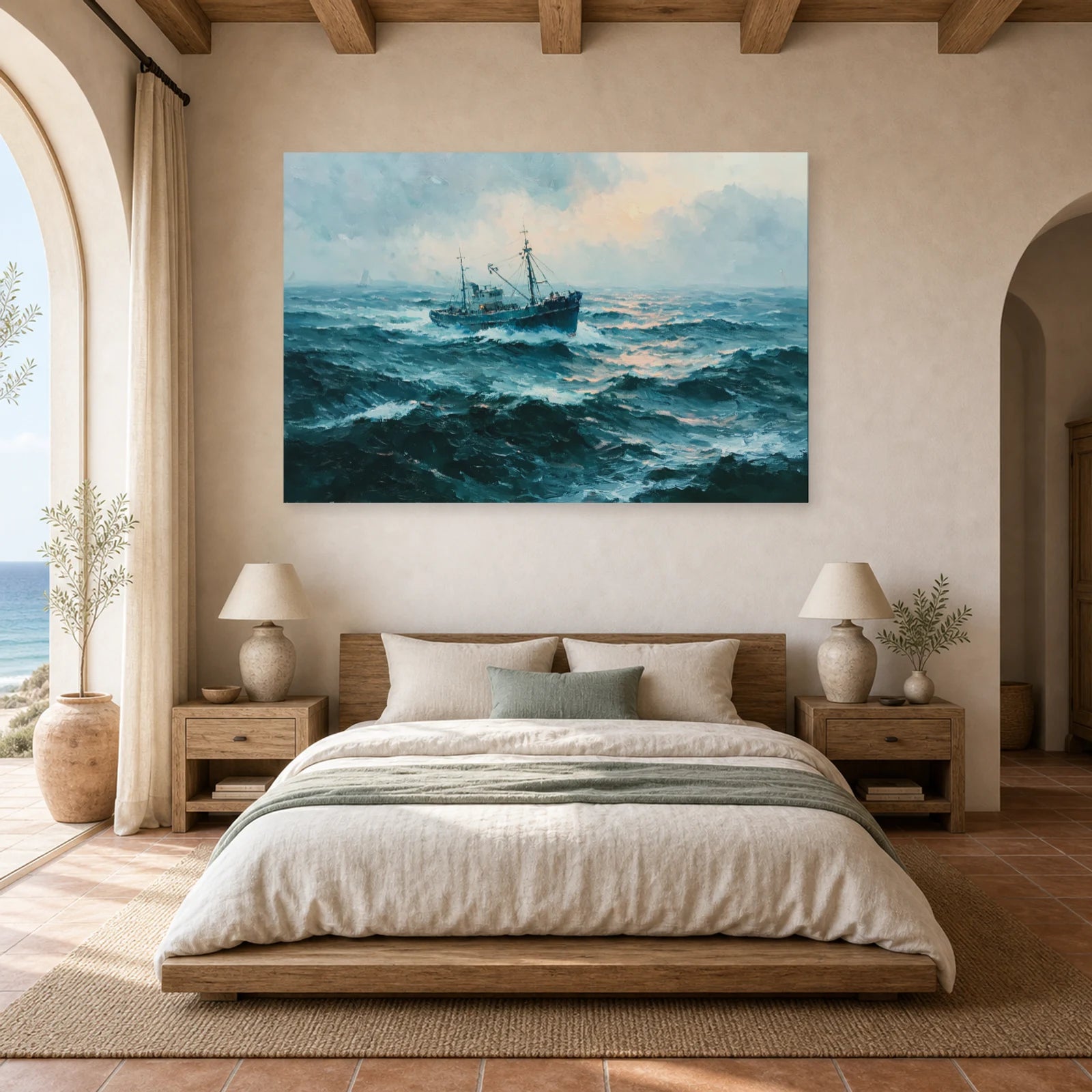 Tableau Peinture Mer Bateau Houle dans une chambre - Art Virtuoso