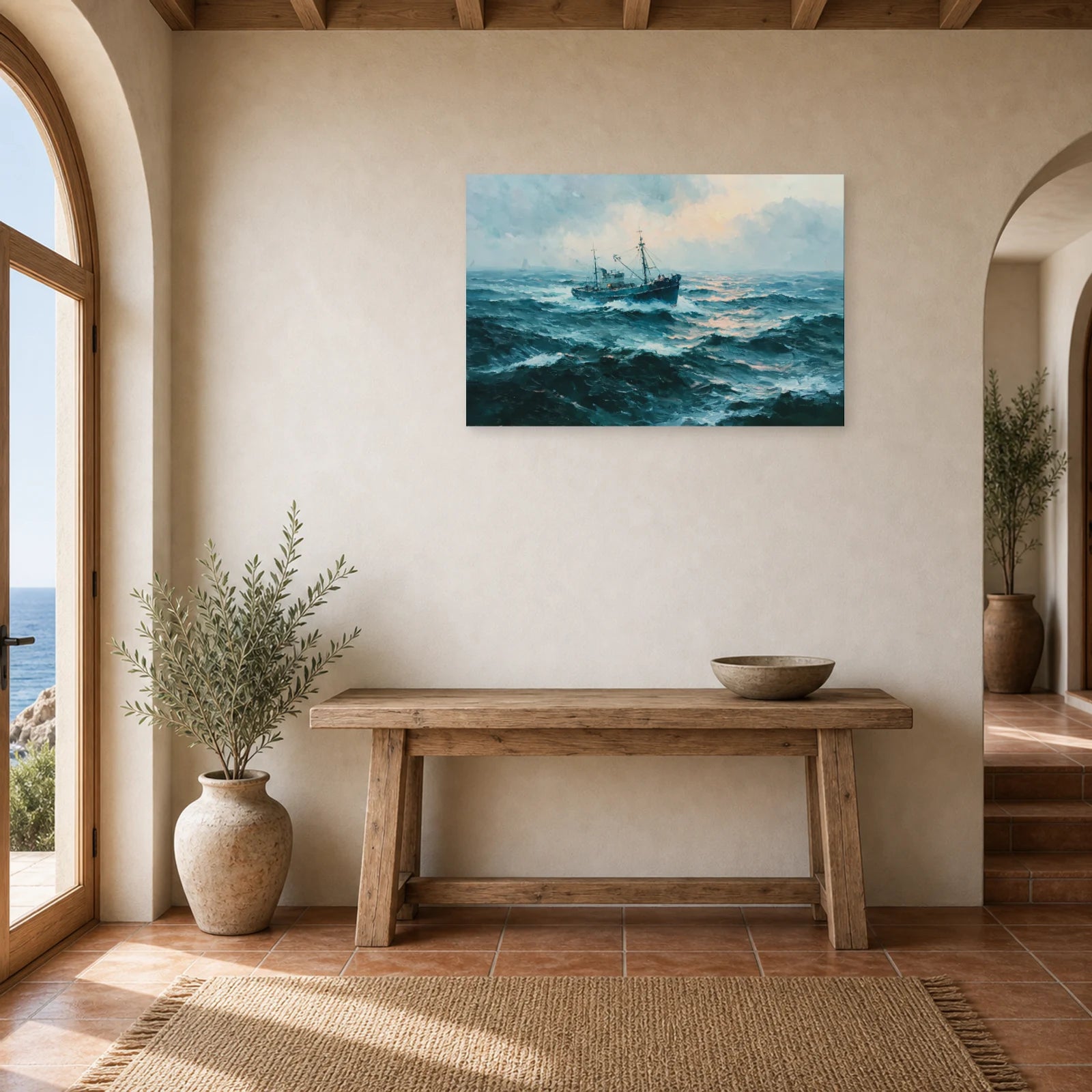 Tableau Peinture Mer Bateau Houle dans une entree ou un couloir - Art Virtuoso
