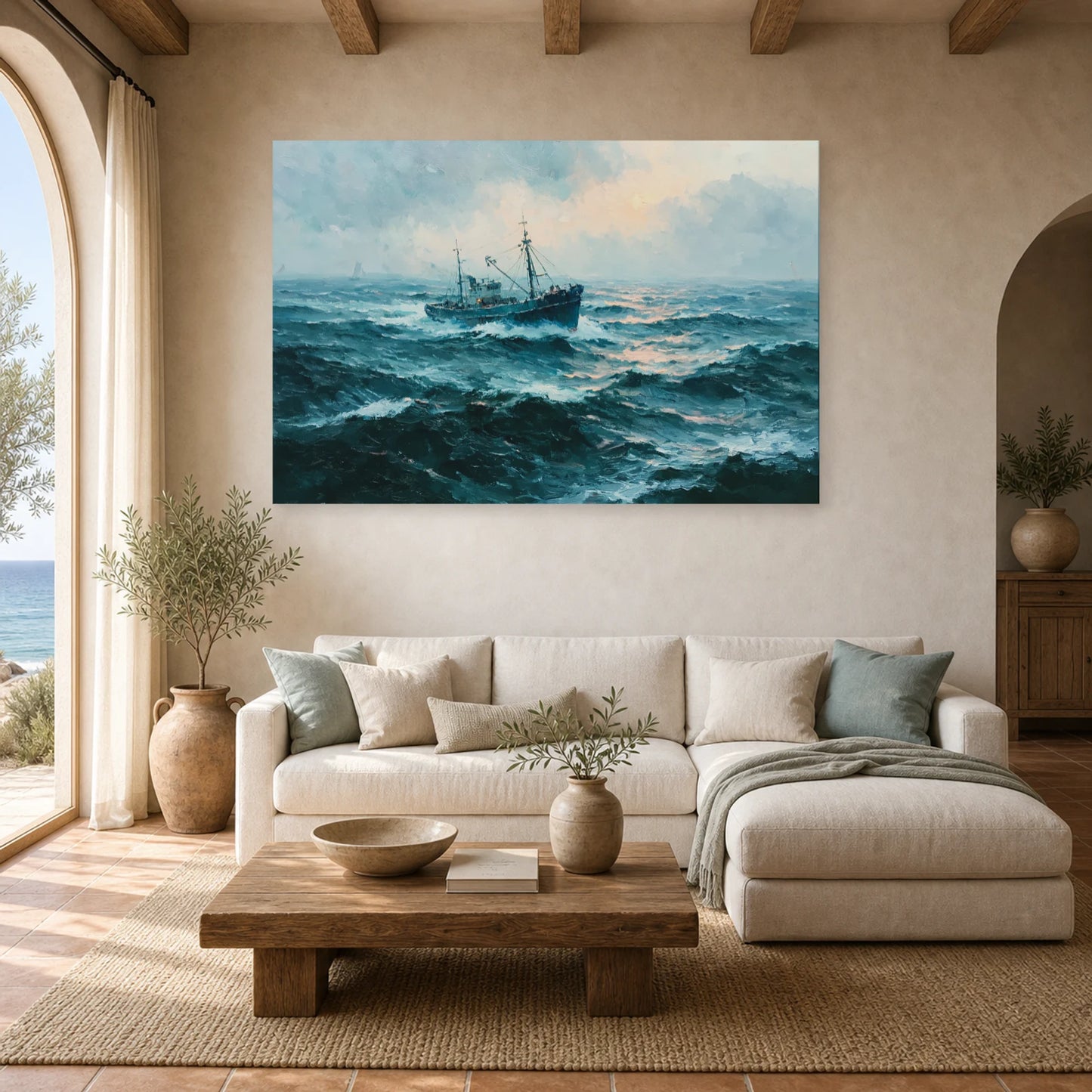 Tableau Peinture Mer Bateau Houle dans un salon - Art Virtuoso