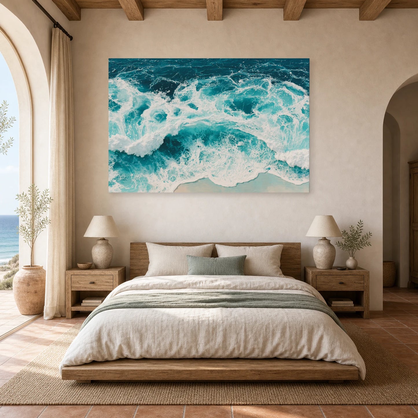 Tableau Peinture Mer Ecume Blanche dans une chambre - Art Virtuoso