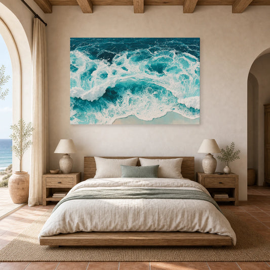 Tableau Peinture Mer Ecume Blanche dans une chambre - Art Virtuoso