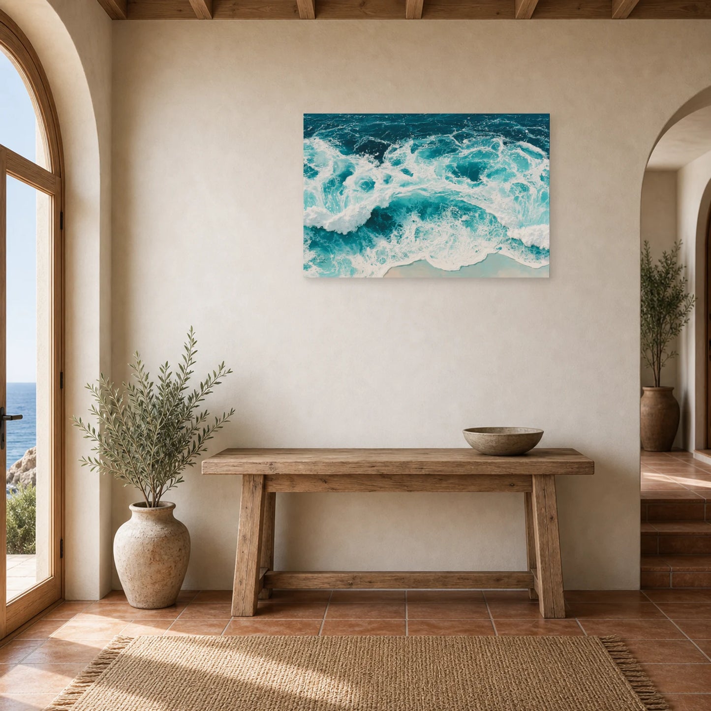 Tableau Peinture Mer Ecume Blanche dans une entree ou un couloir - Art Virtuoso