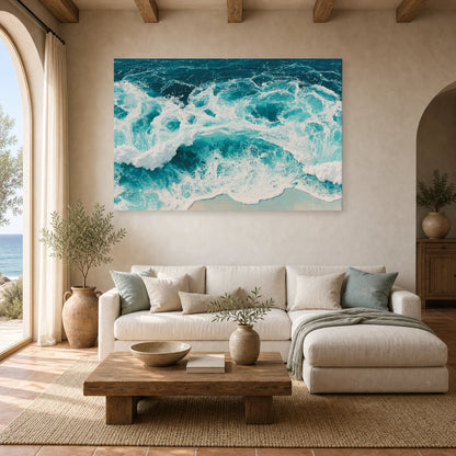 Tableau Peinture Mer Ecume Blanche dans un salon - Art Virtuoso