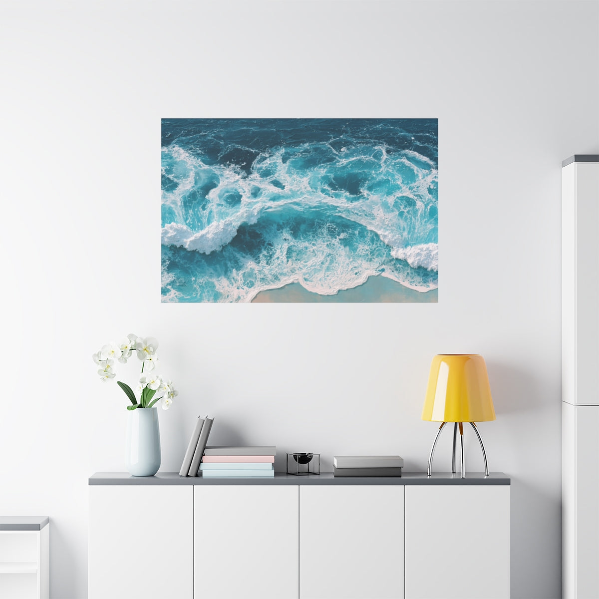 Ecume blanche vue du dessus sur mer turquoise et sable clair - Art Virtuoso - vue 19/20