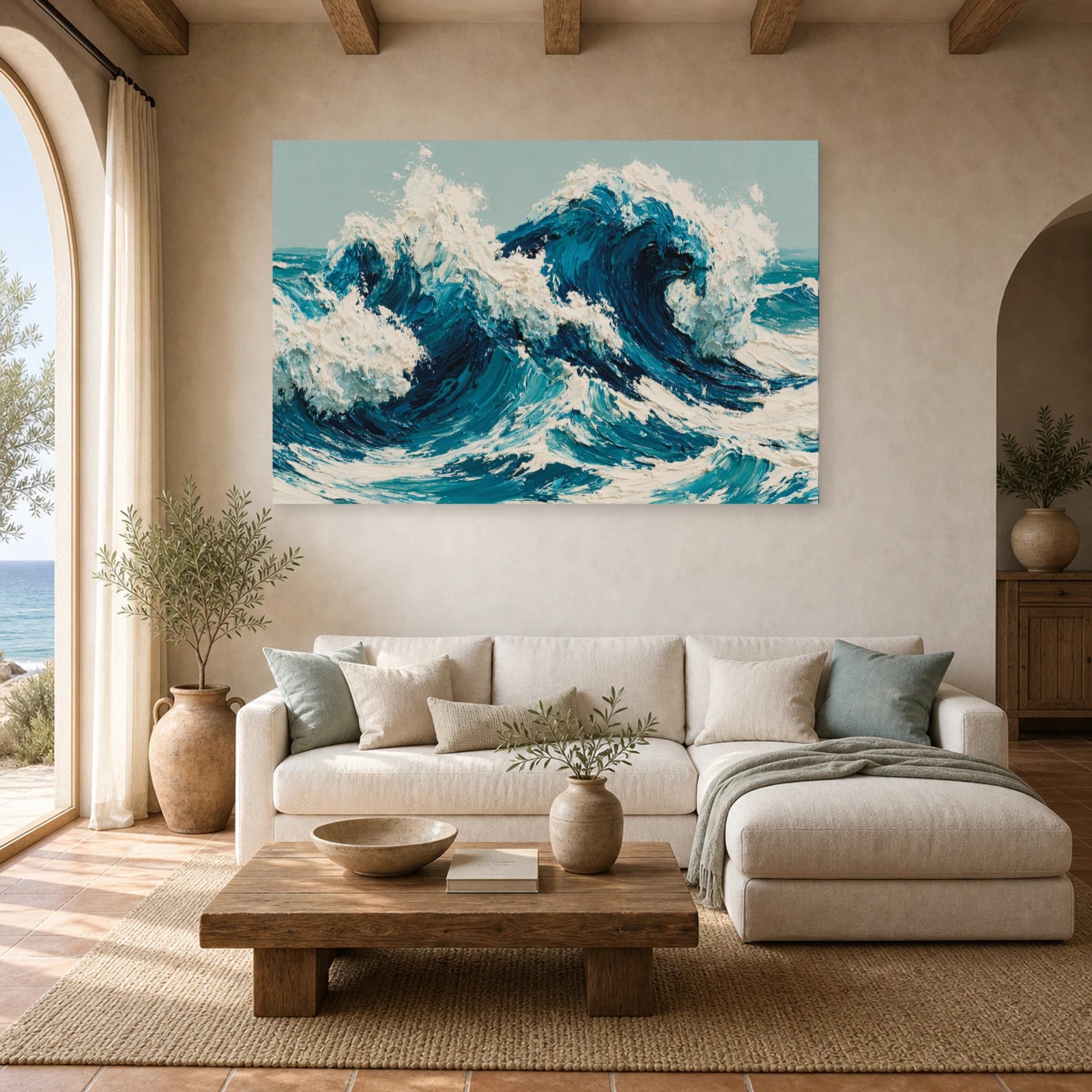 Tableau Peinture Mer Moderne Cobalt dans un salon - Art Virtuoso