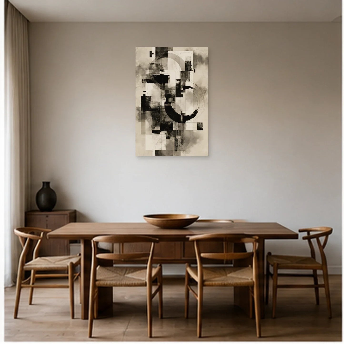 Tableau Peinture Noir et Blanc Moderne - Architecture d'Encre dans une salle à manger - Art Virtuoso