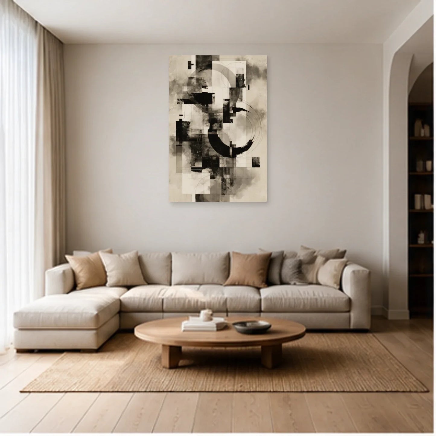 Tableau Peinture Noir et Blanc Moderne - Architecture d'Encre dans un salon - Art Virtuoso