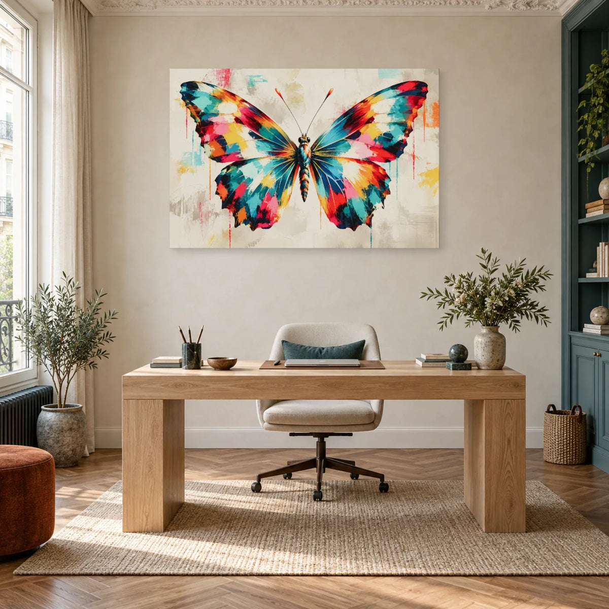 Tableau peinture papillon abstrait – Envergure vive dans un bureau - Art Virtuoso