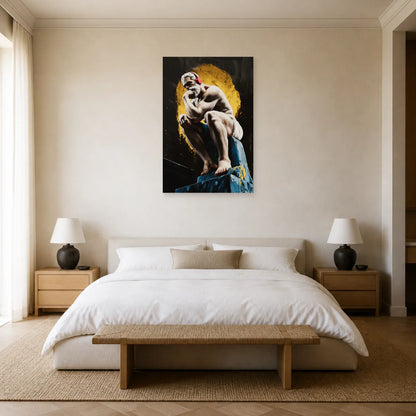 Tableau contemplatif au halo jaune présenté dans une chambre