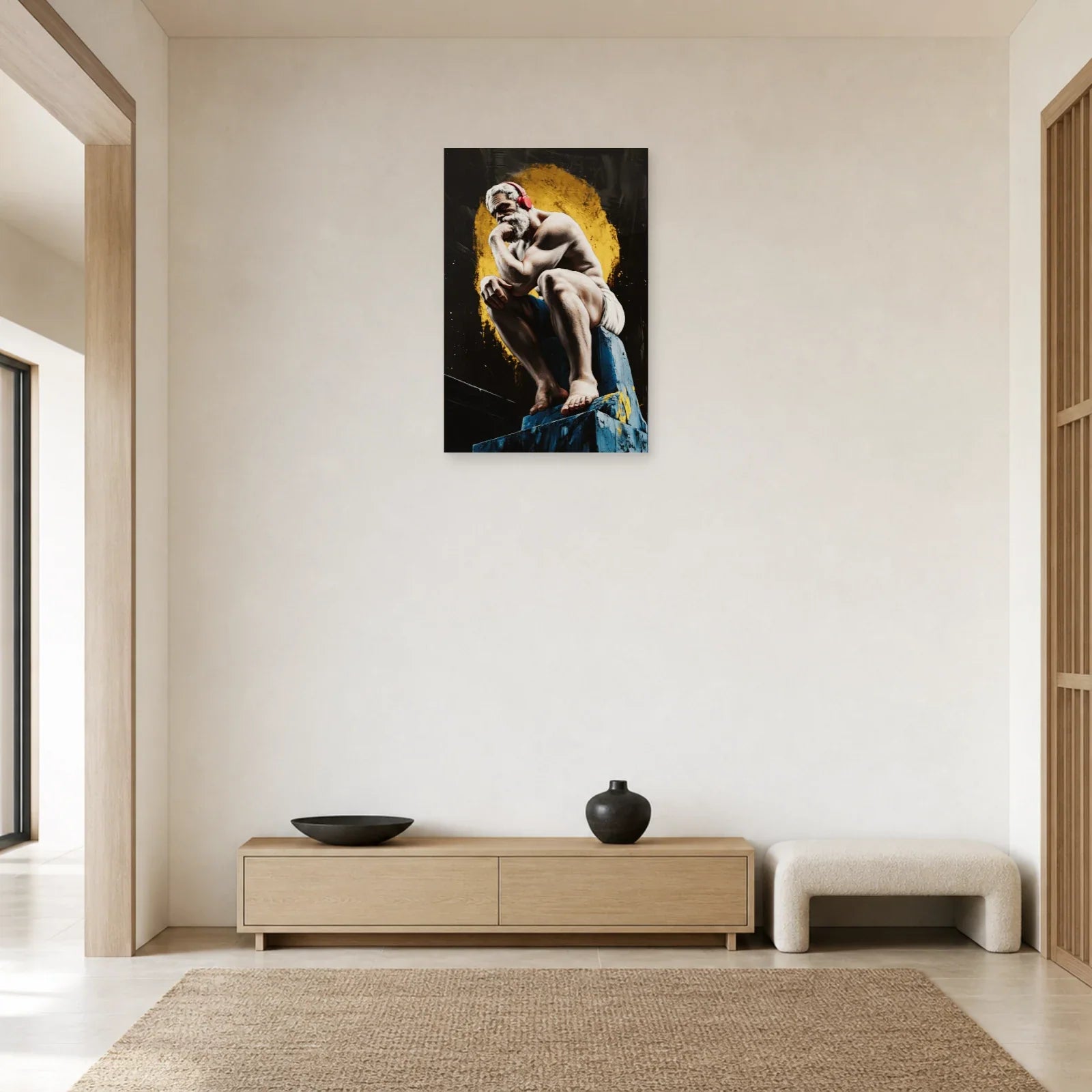 Tableau vertical au casque rouge présenté dans une entrée