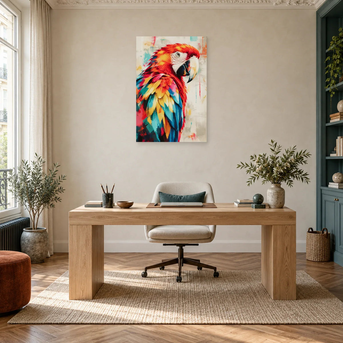 Tableau perroquet couleur – Ara rouge tropical dans un bureau - Art Virtuoso