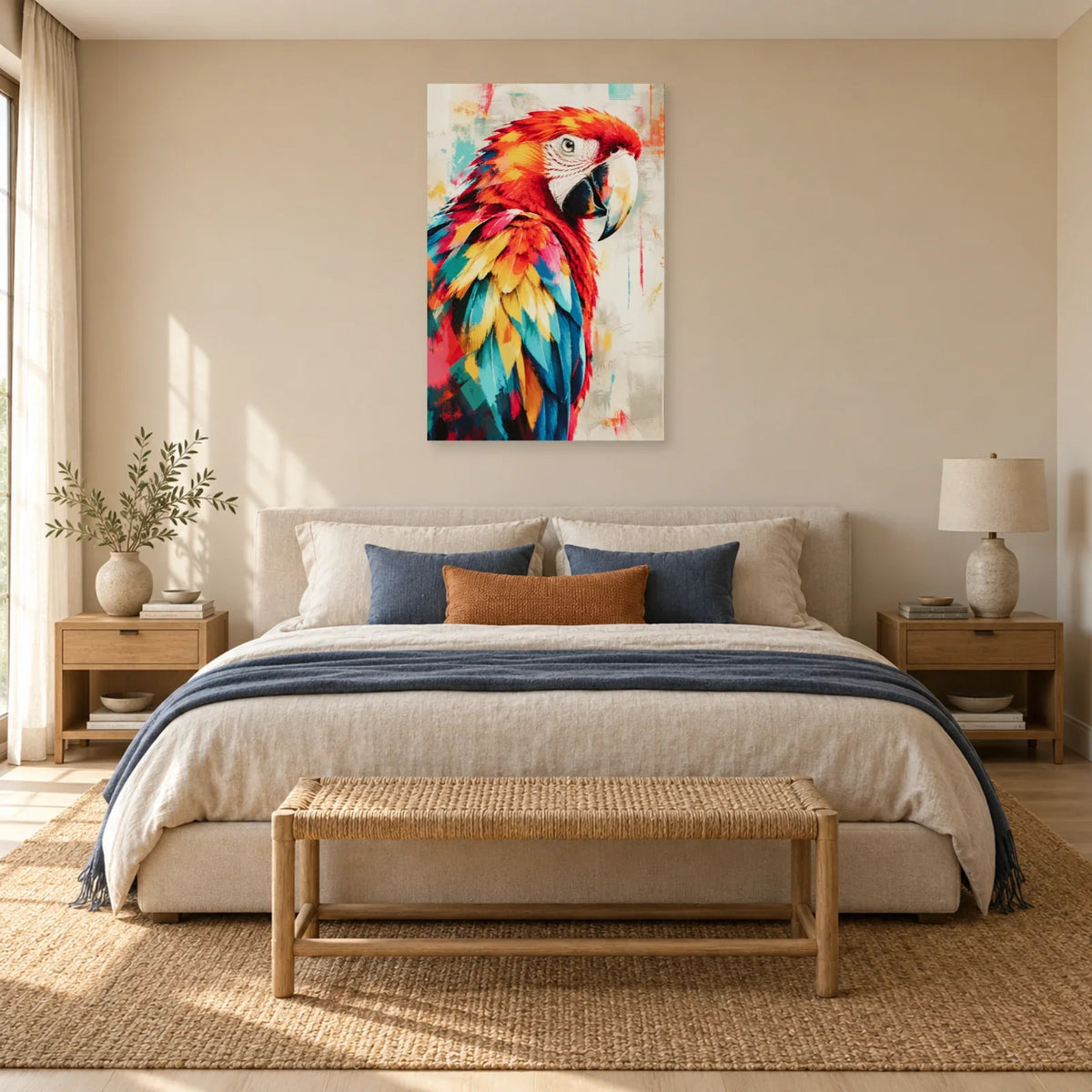 Tableau perroquet couleur – Ara rouge tropical dans une chambre - Art Virtuoso