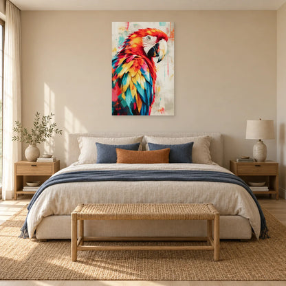Tableau perroquet couleur – Ara rouge tropical dans une chambre - Art Virtuoso