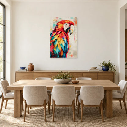 Tableau ara rouge multicolore – Profil tropical dans une salle à manger - Art Virtuoso