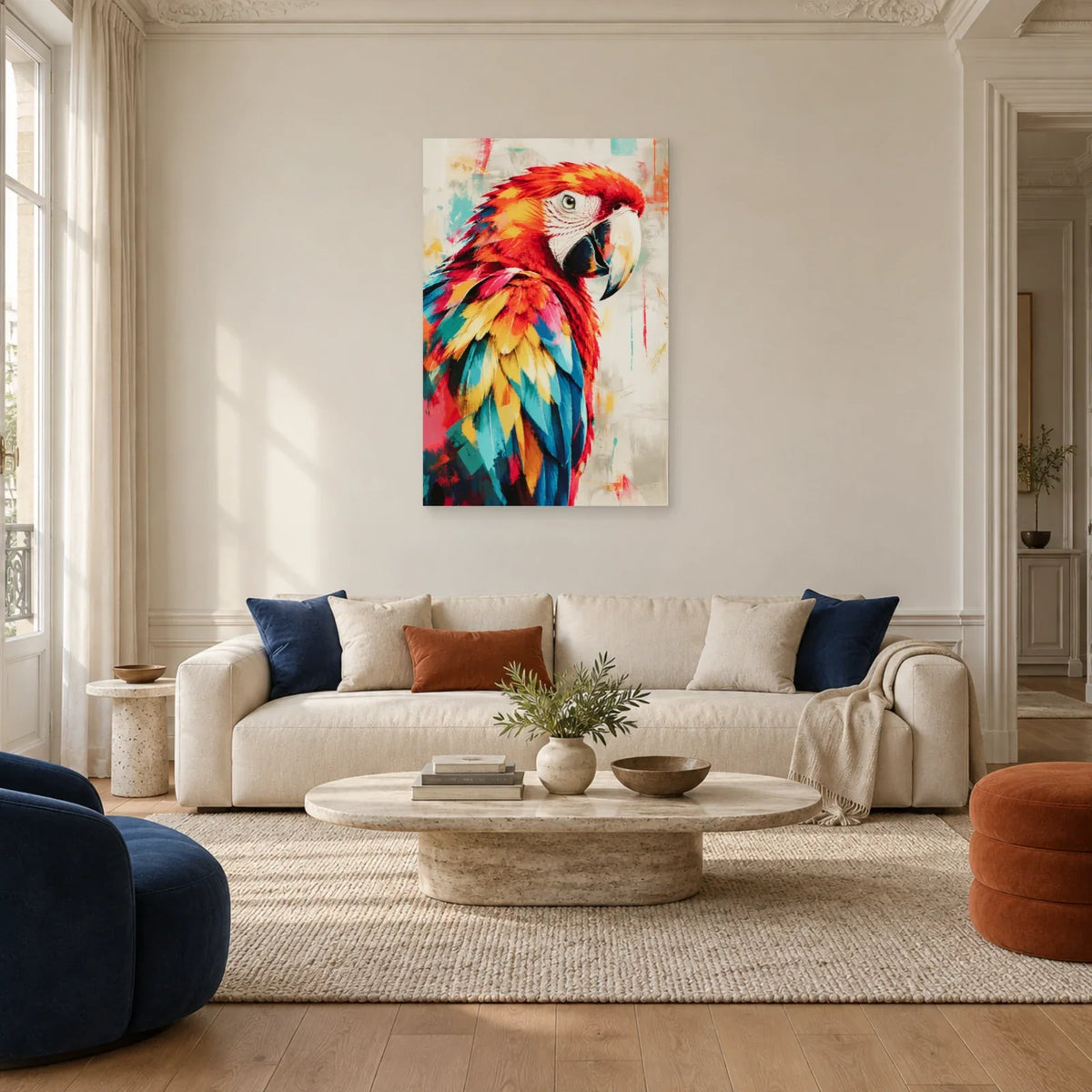 Tableau ara rouge multicolore – Profil tropical dans un salon - Art Virtuoso