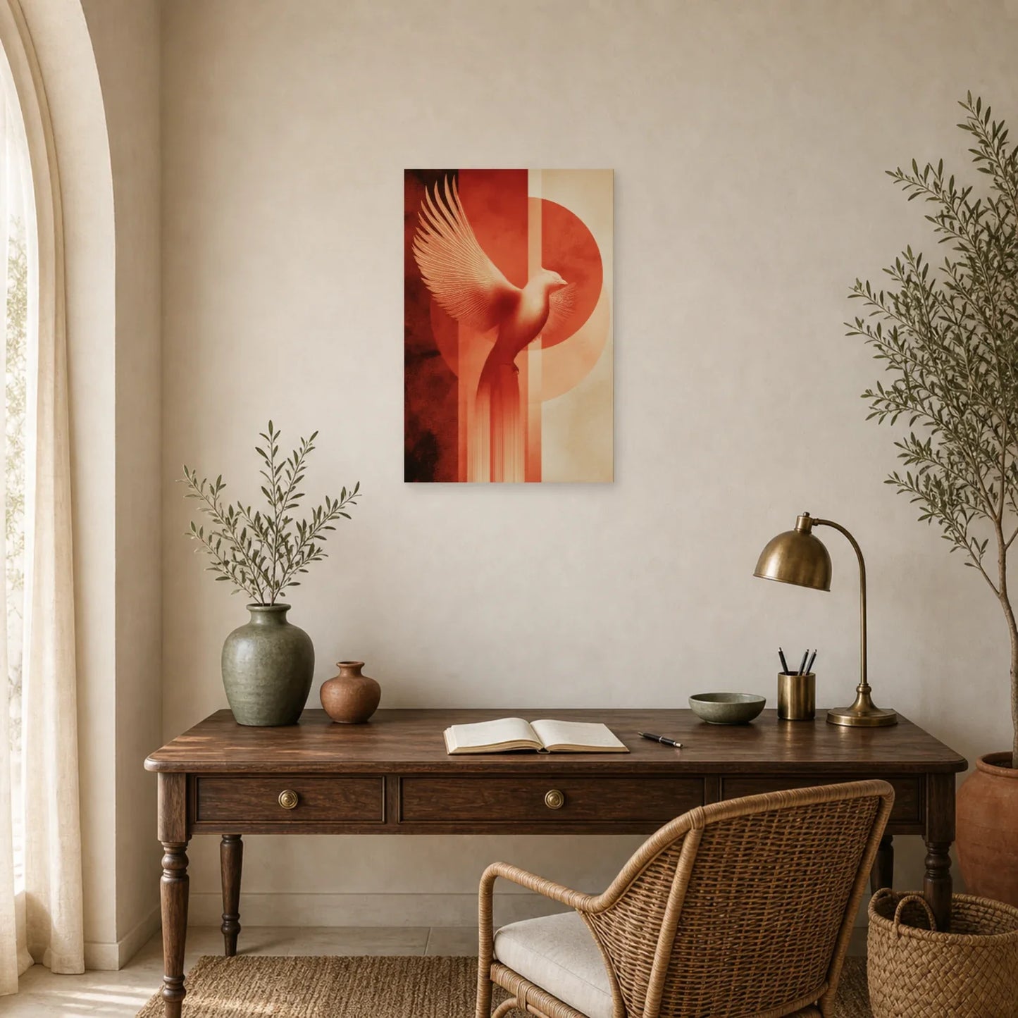 Tableau Phoenix Ascension Terracotta dans un bureau - Art Virtuoso