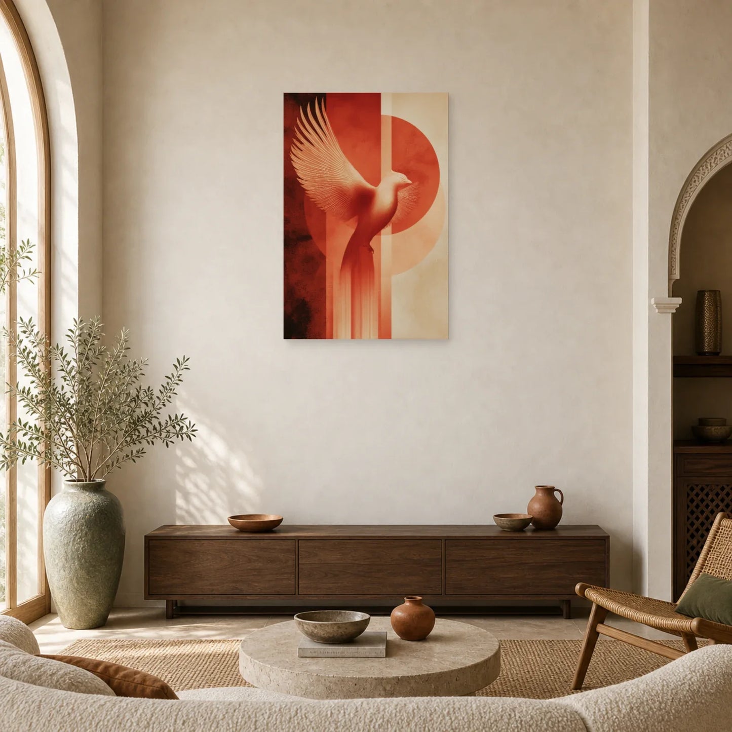 Tableau Phoenix Ascension Terracotta dans un salon - Art Virtuoso