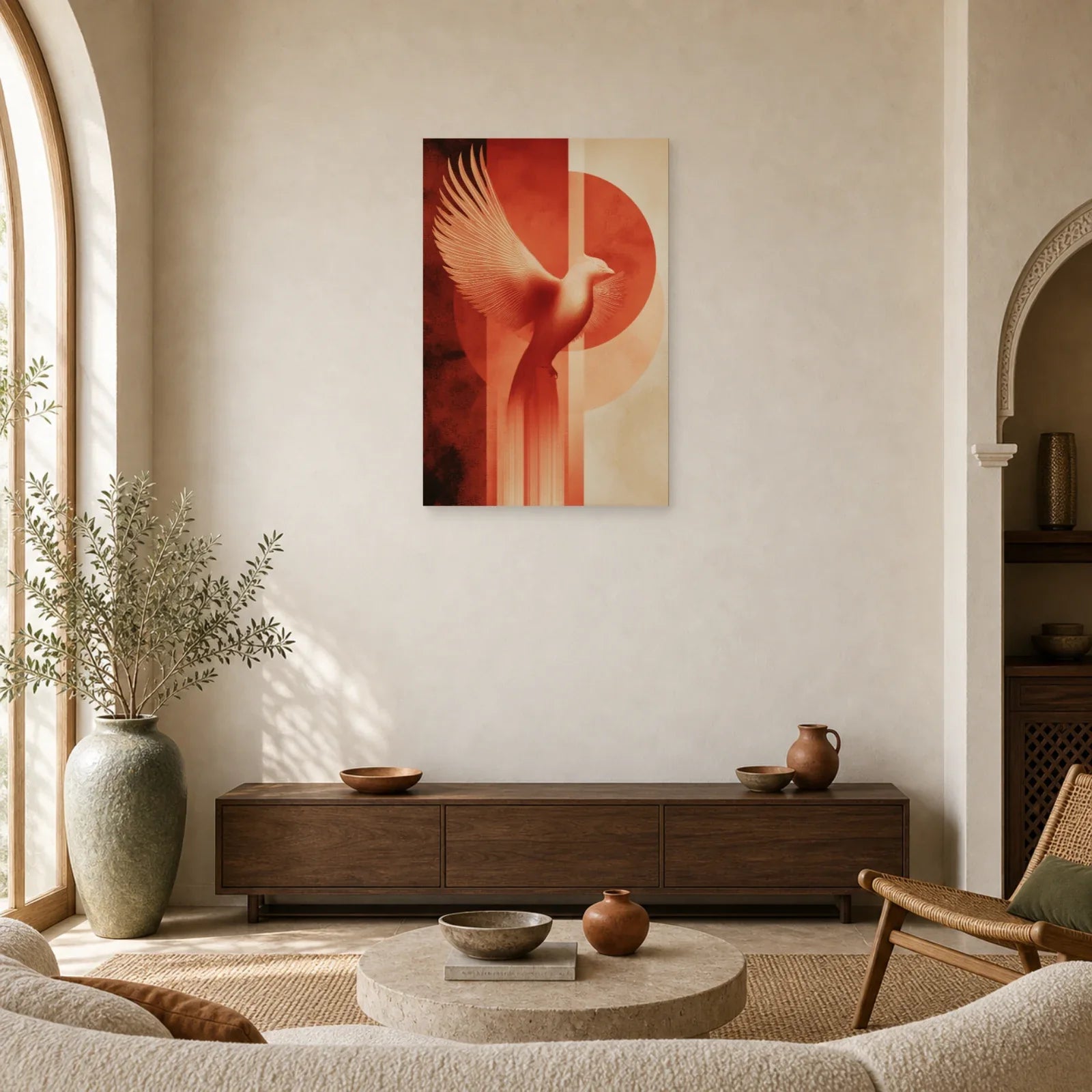 Tableau Phoenix Ascension Terracotta dans un salon - Art Virtuoso
