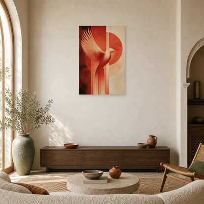 Tableau Phoenix Ascension Terracotta dans un salon - Art Virtuoso
