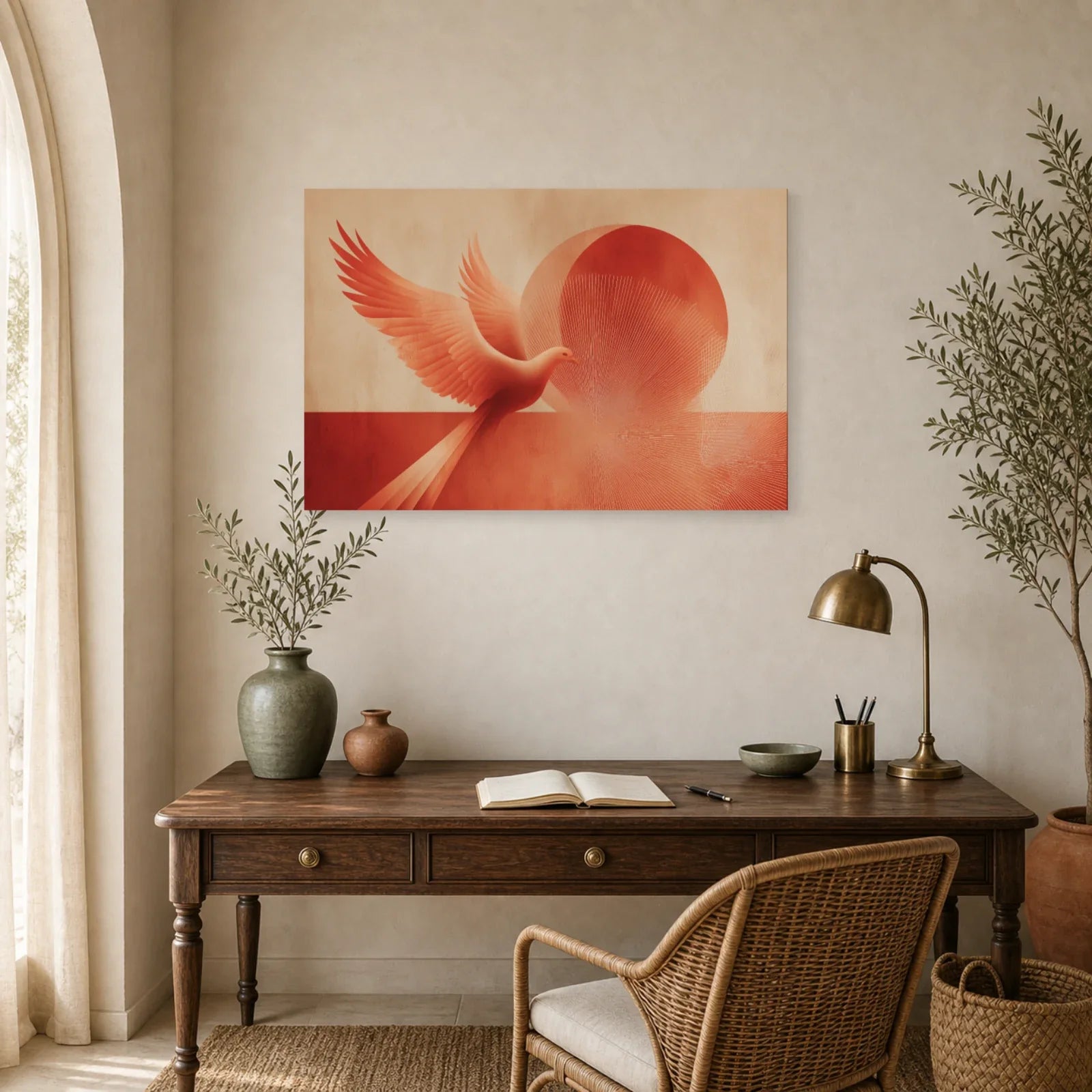 Tableau Phoenix Vol Terracotta dans un bureau - Art Virtuoso