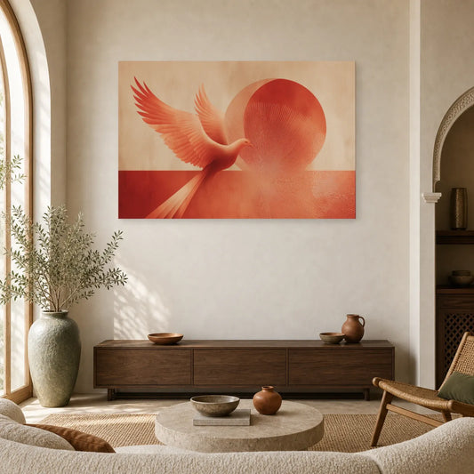 Tableau Phoenix Vol Terracotta dans un salon - Art Virtuoso