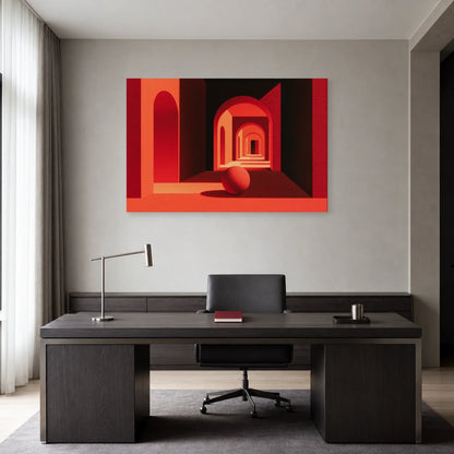 Tableau surréaliste rouge avec sphère présenté dans un bureau