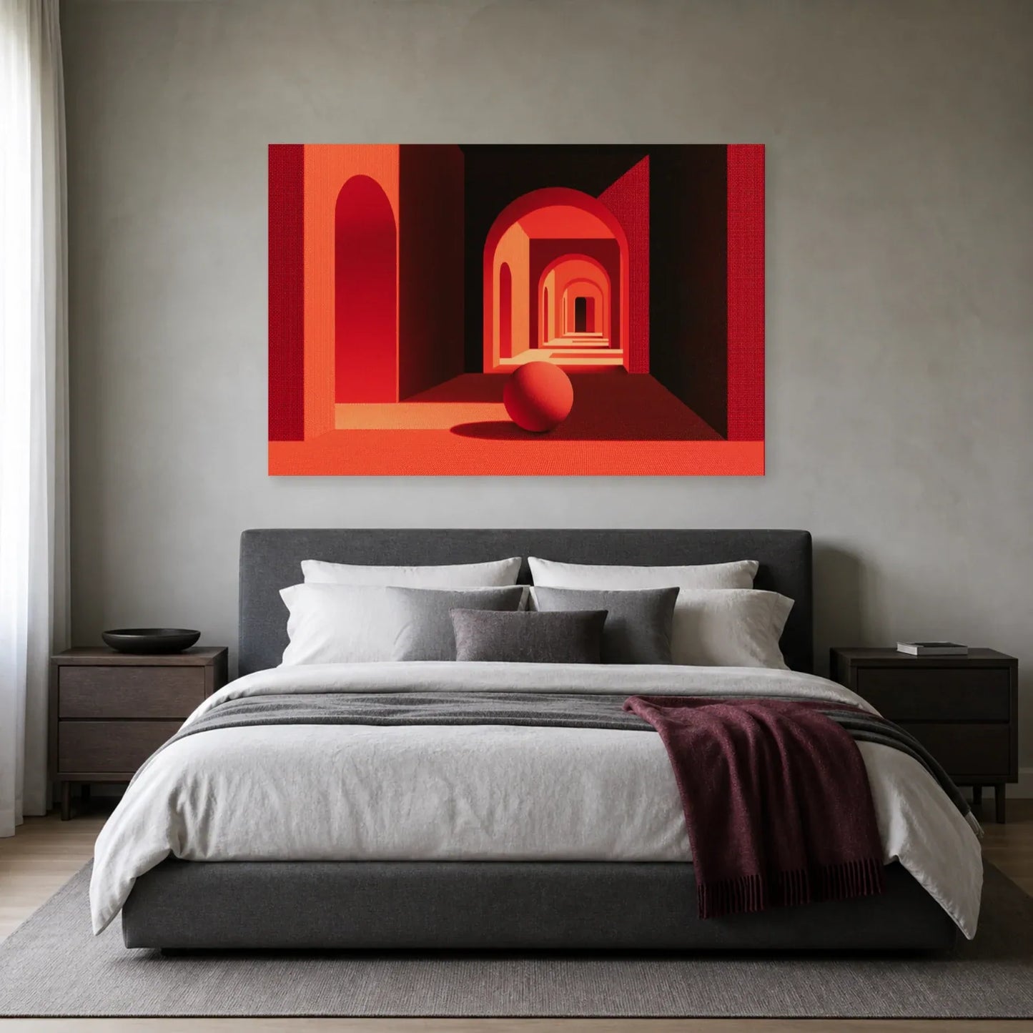 Tableau de perspective rouge et noire présenté dans une chambre
