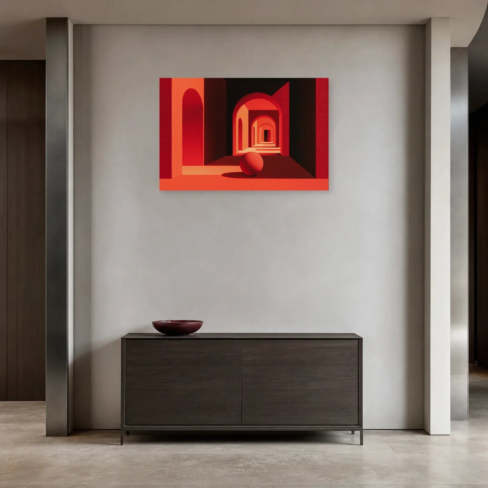 Tableau chambre rouge infinie présenté dans une entrée