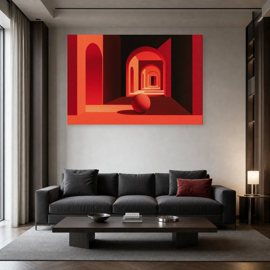 Tableau aux arches rouges infinies présenté dans un salon