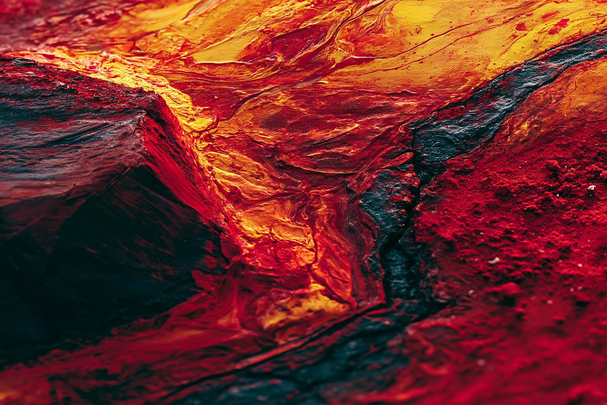 strates rouges minérales de cinabre, ocre et noir bleuté, toile horizontale en taille S