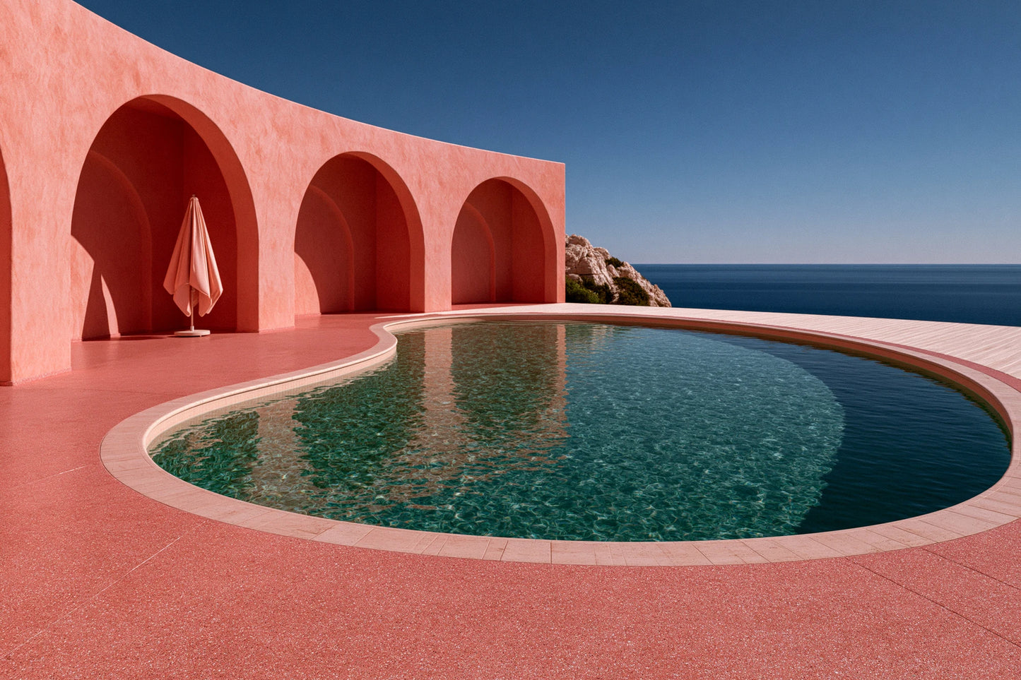 Tableau Piscine Rose Rétro, une piscine graphique entourée d’une architecture rose inspirée des années 1970, format M - Art Virtuoso