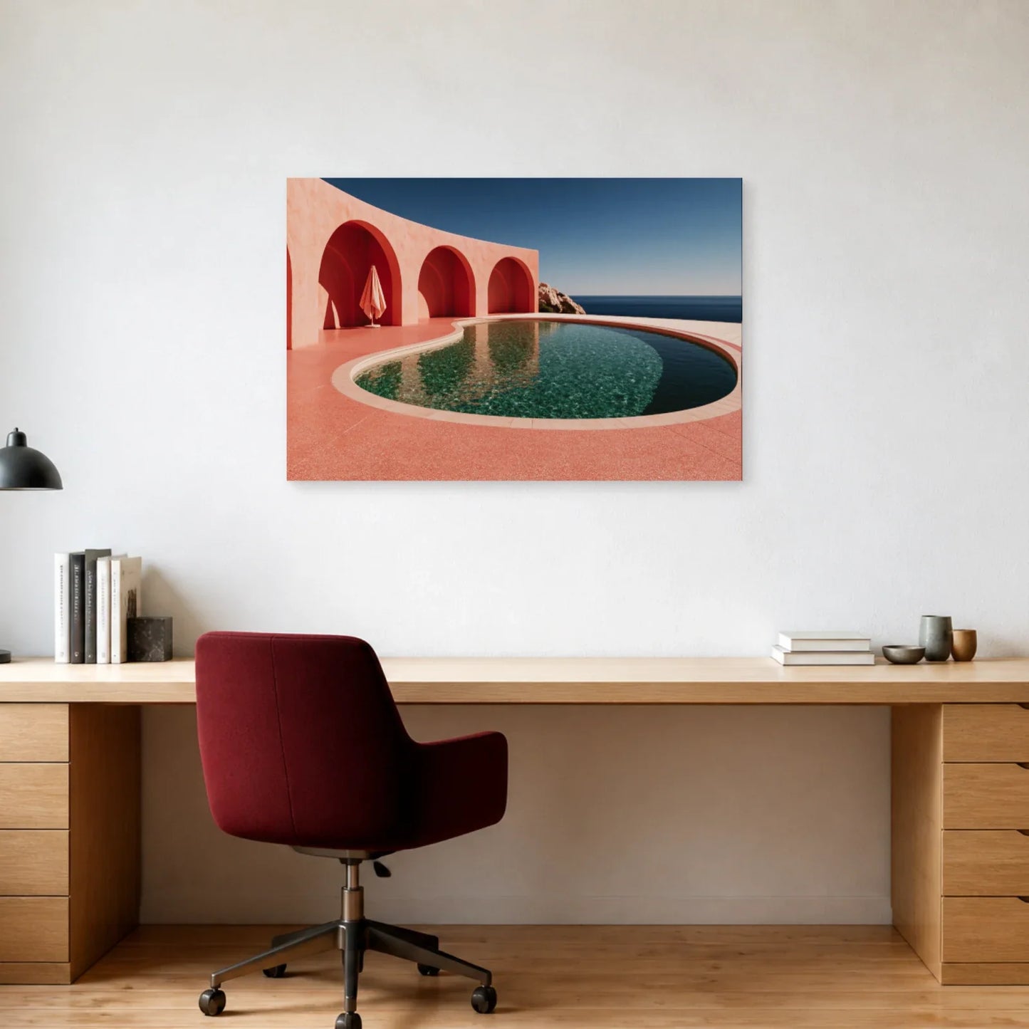 Tableau Piscine Rose Rétro présenté dans un bureau - Art Virtuoso