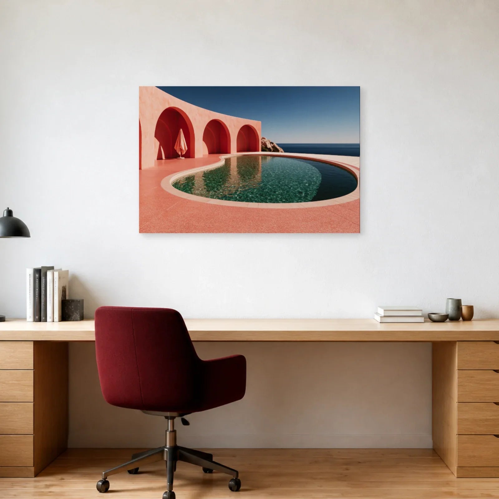 Tableau Piscine Rose Rétro présenté dans un bureau - Art Virtuoso