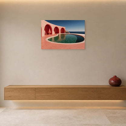 Tableau Piscine Rose Rétro présenté dans une entrée - Art Virtuoso