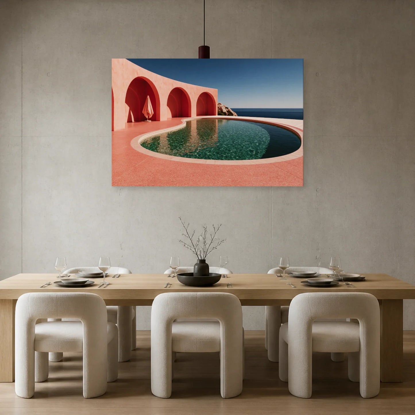 Tableau Piscine Rose Rétro présenté dans une salle à manger - Art Virtuoso