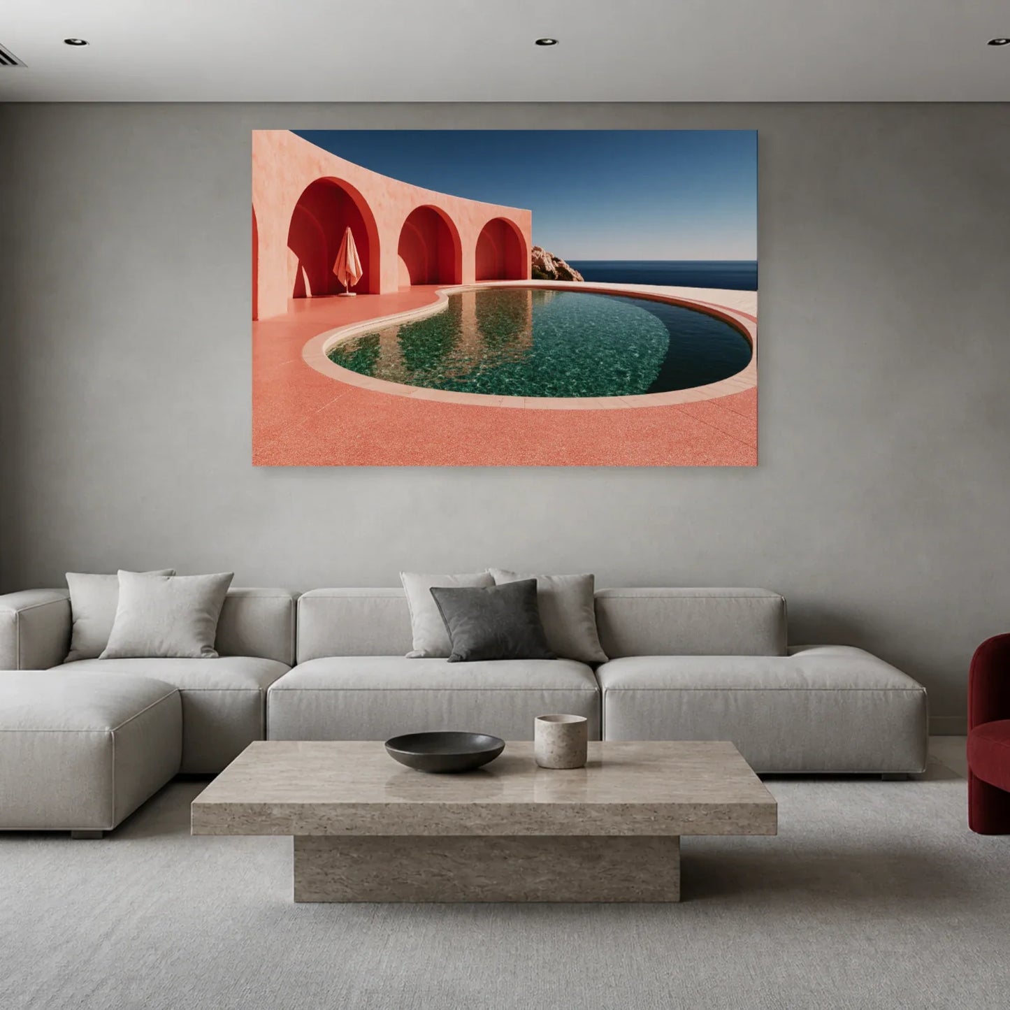 Tableau Piscine Rose Rétro présenté dans un salon - Art Virtuoso