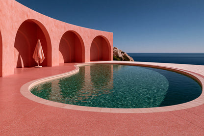 Tableau Piscine Rose Rétro, une piscine graphique entourée d’une architecture rose inspirée des années 1970, format S - Art Virtuoso