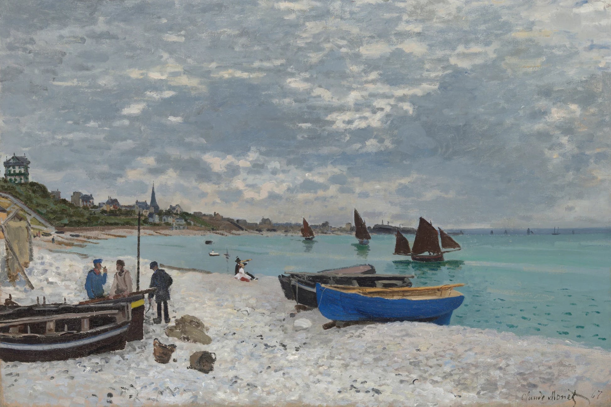 Tableau La Plage à Sainte-Adresse de Monet avec barque bleue et voiliers – format S