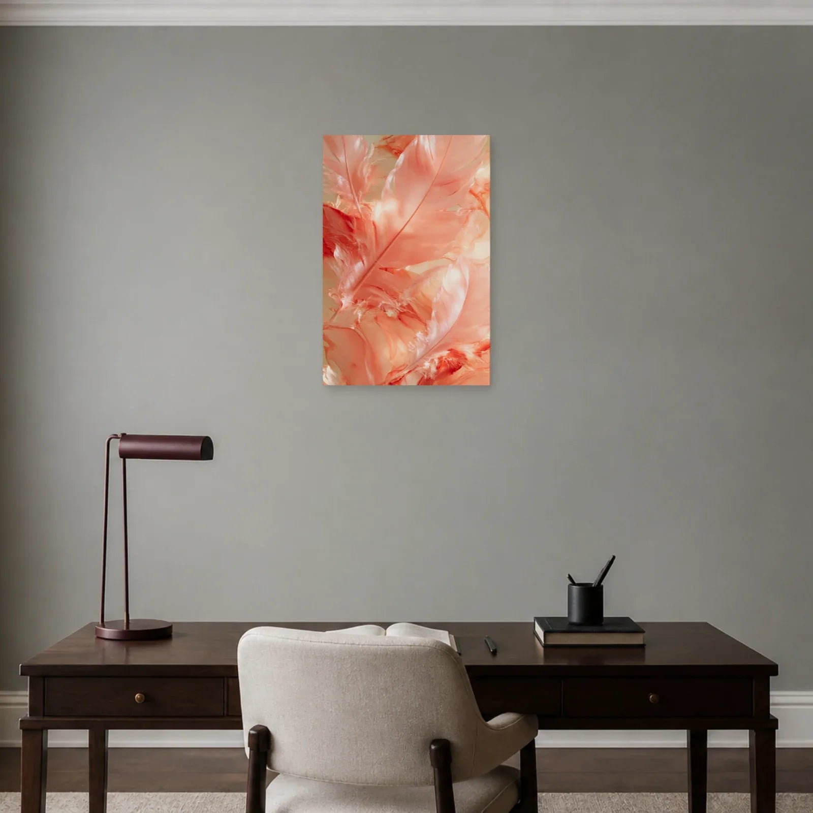 Tableau Plume Rose présenté dans un bureau - Art Virtuoso