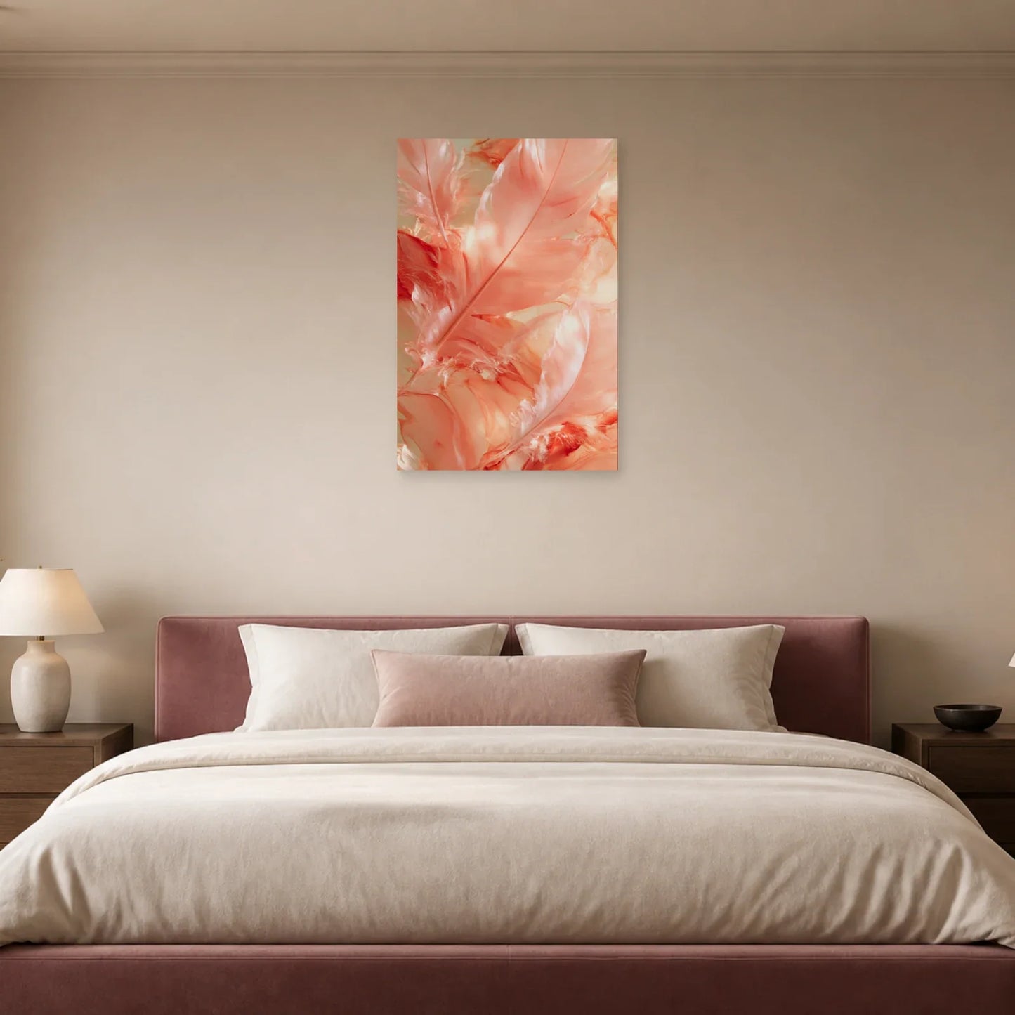 Tableau Plume Rose présenté dans une chambre - Art Virtuoso