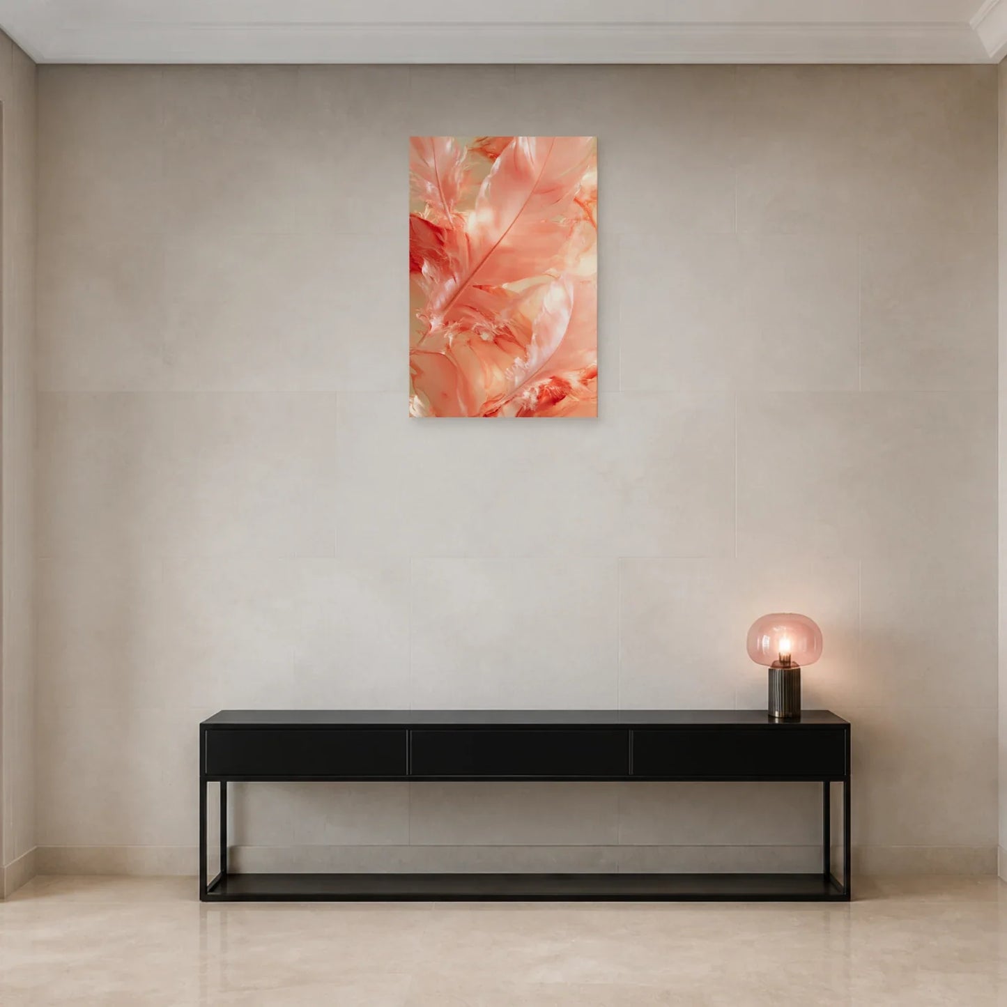 Tableau Plume Rose présenté dans une entrée - Art Virtuoso